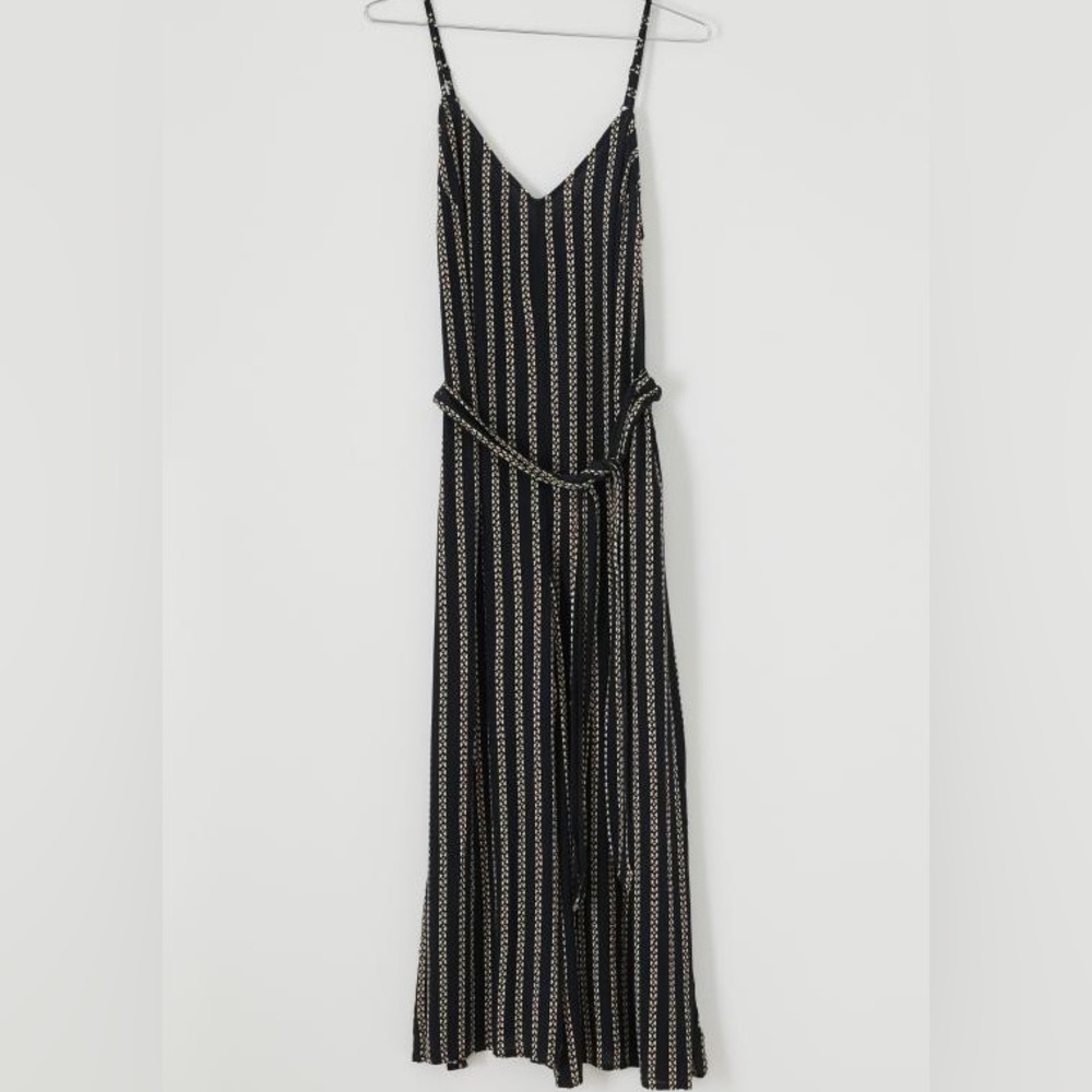 Woven striped v-neck and back jumpsuit
